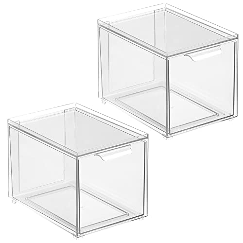 mDesign Plastic Bathroom Organizer Bin w/Pull Out Drawer - Slim Stackable Storage Container for Bathroom Accessories - Perfect for Organizing Bathroom Cabinet - Lumiere Collection - 2 Pack - Clear - size: ‎8x 6 x 4 (Pack of 2)