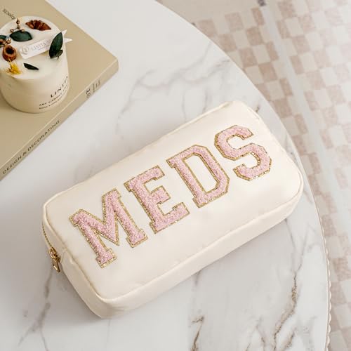 Chenille Letter Patch Nylon Medicine Packages,Cute MEDS Travel Makeup Bag with Metal Zipper, First Aid Purse Organizer Cosmetic Bag for Women and Girls(04Beige-Pink) - color: 04Beige-Pink