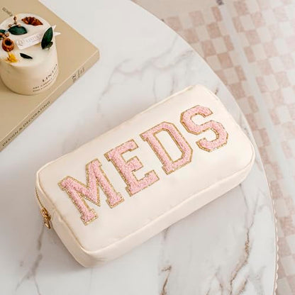 Chenille Letter Patch Nylon Medicine Packages,Cute MEDS Travel Makeup Bag with Metal Zipper, First Aid Purse Organizer Cosmetic Bag for Women and Girls(04Beige-Pink) - color: 04Beige-Pink