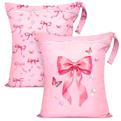 2 Pcs Large Travel Laundry Bags Waterproof Wet Dry Bag, Washable Dirty Clothes Bags for Travel，Drawstring, Bathing Suit, Workout, Gym Clothes Laundry, Swimming Pool & College Dorm, Pink Butterfly Bow - color: Pink Butterfly Bow
