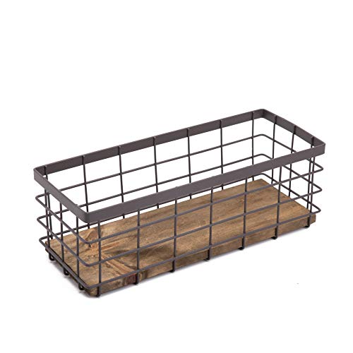 TIEYIPIN Small Metal Wire Storage Basket, Detachable Wood Base Storage Organizer Bin Basket for Kitchen Cabinets, Bathroom, Pantry, Garage, Laundry Room - Brown - color: Brown, size: 1 Pack