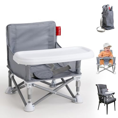 Tiny Marvels Baby Chair, Portable & Foldable for Travel & Beach, Ages 6M-3Y | BPA-Free Material, 3-Point Harness, 3-in-1 Baby Chair, Removable Tray & Carry Bag, Sturdy with Reinforcement, Non-Slip Feet - color: Grey