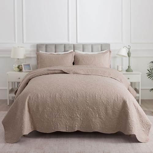HoneiLife Queen Quilt Bedding Set - Microfiber Quilt Sets for Queen Bed, 3-Piece Lightweight Bedspreads,Reversible Coverlets Rustic Bedlinen Sets, Floral Bedding Set All Season Quilts-Dark Khaki - color: Dark Khaki, size: Queen/Full-90"x96"