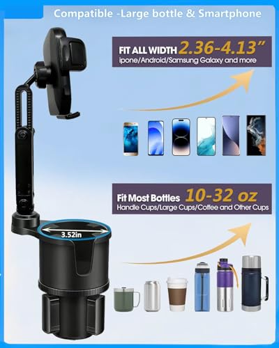 Cup Phone Holder for Car [2 in 1 Upgraded] Universal Car Cup Holder Phone Mount Long Adjustable & Rotatable Arm, Sturdy No-Shake Design, Fit with iPhone 4-7 inches Smartphones & Big Bottle - color: Natural