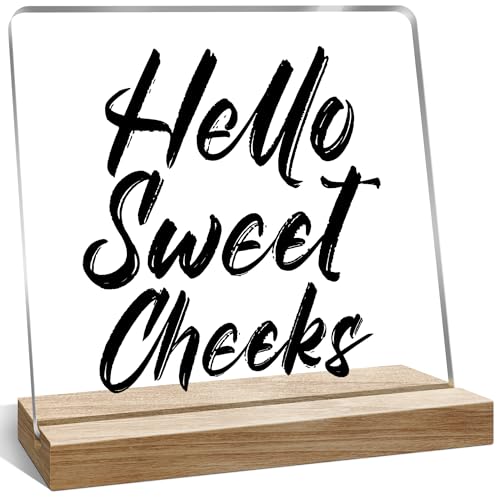 Bathroom Desk Decor Gifts for Women, Hello Sweet Cheeks Sign for Bathroom Shelf Toilet Restroom Home, 4x4 Inch - color: Cyan