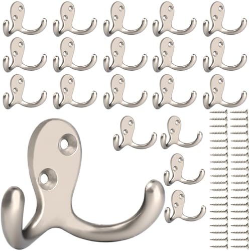 IBosins 20 Pack Heavy Duty Coat Hooks Wall Mounted with 40 Screws Wall Hooks Retro Double Prong Hooks Utility Hooks for Coat, Scarf, Bag, Towel, Key, Cap, Cup, Hat - color: 20 Pcs Silvery
