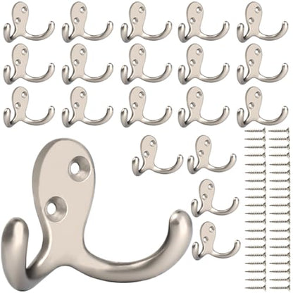 IBosins 20 Pack Heavy Duty Coat Hooks Wall Mounted with 40 Screws Wall Hooks Retro Double Prong Hooks Utility Hooks for Coat, Scarf, Bag, Towel, Key, Cap, Cup, Hat - color: 20 Pcs Silvery
