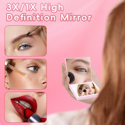 Compact Mirror, 1X/3X Magnifying Travel Mirror with Light Small Purse Mirror Pocket Mirror for Makeup, Mini LED Portable Handheld Makeup Mirror Travel Essentials Gifts for Women Girls, Pink