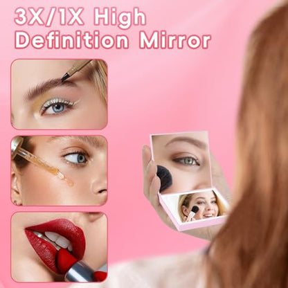 Compact Mirror, 1X/3X Magnifying Travel Mirror with Light Small Purse Mirror Pocket Mirror for Makeup, Mini LED Portable Handheld Makeup Mirror Travel Essentials Gifts for Women Girls, Pink