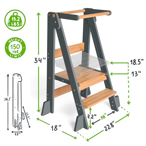 OCODILE Adjustable Foldable Toddler Tower – Folding Tower for Kids | Montessori Toddler Kitchen Step Stool Helper for Independence - Gray - color: 1 - Gray