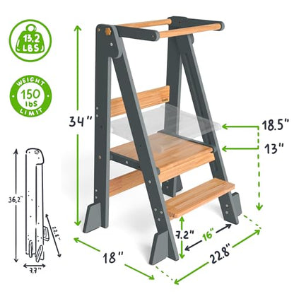 OCODILE Adjustable Foldable Toddler Tower – Folding Tower for Kids | Montessori Toddler Kitchen Step Stool Helper for Independence - Gray - color: 1 - Gray