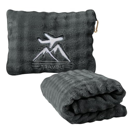 Travel Blanket and Pillow-2-in-1, Ultra-Soft&Compact, One-Piece Airplane Blanket with Hand Luggage Belt and Backpack Clip,Travelers Accessories Gifts, 61x43 Inches (Dark Grey) - color: Dark Grey