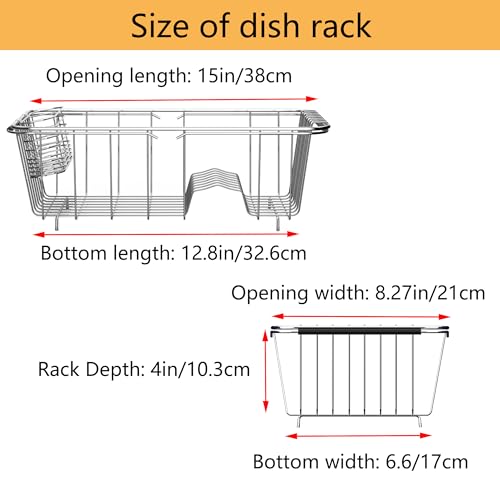 NiuYichee Stainless Steel Dish Drying Rack(14.2"L x 9.5"W x 4.1"H), Expandable Fruit & Vegetable Drain Rack over Sink, Dish Drainer Rack in Sink, with Stainless Steel Utensil Holder & 16" Silicone Mat - size: Small【14.2" X 9.5"】