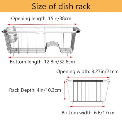 NiuYichee Stainless Steel Dish Drying Rack(14.2"L x 9.5"W x 4.1"H), Expandable Fruit & Vegetable Drain Rack over Sink, Dish Drainer Rack in Sink, with Stainless Steel Utensil Holder & 16" Silicone Mat - size: Small【14.2" X 9.5"】