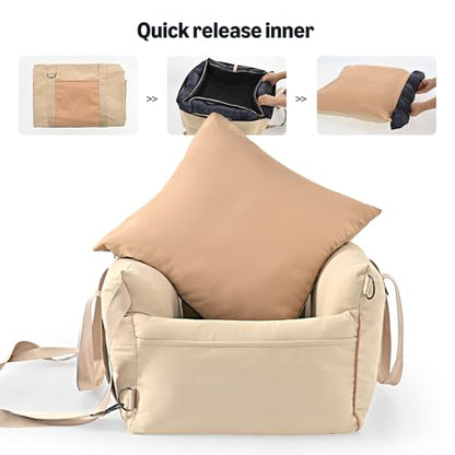 Amazon Basics Dog Car Seat, Pet Booster for Small-Medium Dogs with Leash & Washable Cover, Beige - color: BEIGE