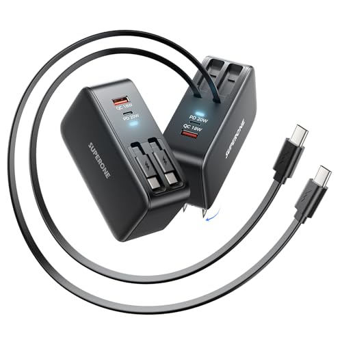 SUPERONE Retractable iPhone Charger, 4-Port USB C Charger Block, iPhone Chargers Fast Charging with Dual USB C Cable, Wall Chargers for iPhones 17/16/15/14/13/12/11 Series, Pad, Samsung, Pixel - Black - color: Black, size: 2 Type-C Cables