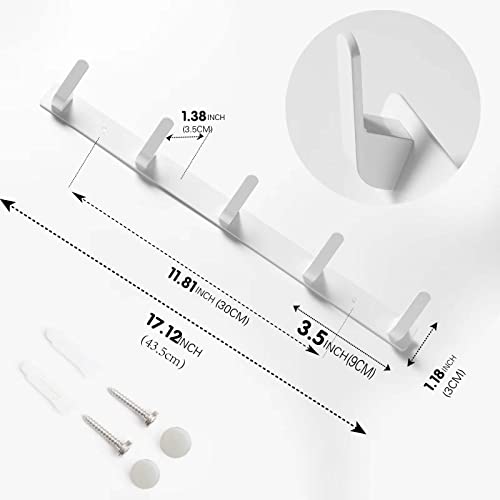 5 Hooks Matte White Bathroom Towel Hooks Mounted Wall Adhesive Heavy Duty Farmhouse Bath Coat Stick on Rack Hat Wall Hook Sticky White Kitchen Robe Rack Coat Hook White 5 Hooks Rack Towel for Bathroom - color: White, size: 17.12*1.18*1.38 inch（5hooks）