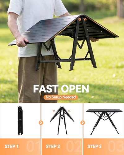 Sportneer Camping Table: 35.4"x23.6" Large Bi-Fold Portable Folding Table with Fast Open Design, 3 Adjustable Heights Aluminum Tabletop for Camping Picnics Fishing BBQs & Backyard Use - color: Black
