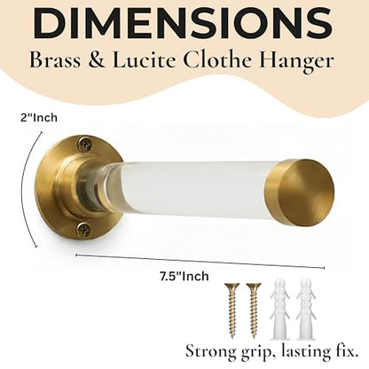 Brushed Brass & Lucite Projection Hook, Heavy-Duty, Rustproof Wall Mount Adhesive Hanging Hook for Bedroom, Bathroom & Kitchen, Multipurpose Accessory for Modern Homes, 18.3x5.5x5.5cm