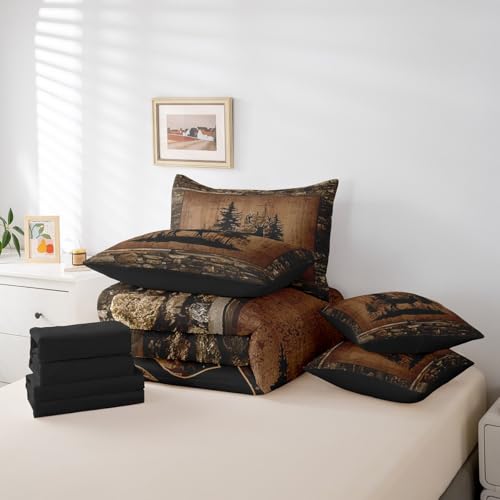 Feelyou Deer Comforter Set with Sheets Twin Size 7 piece Kids Rustic Deer Hunting Bedding Set Cabin Lodge Deer Bed in a Bag Farmhouse Nature Wildlife Antlers Brown Bed Set - color: Brown, size: Twin