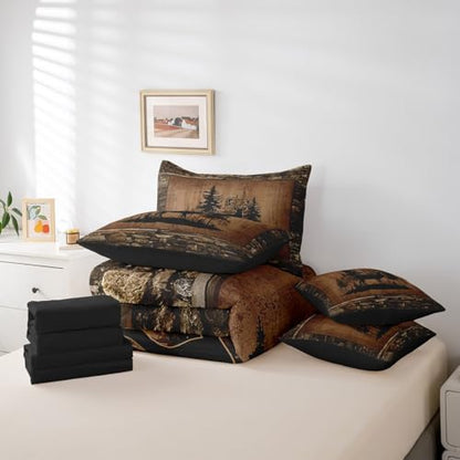 Feelyou Deer Comforter Set with Sheets Twin Size 7 piece Kids Rustic Deer Hunting Bedding Set Cabin Lodge Deer Bed in a Bag Farmhouse Nature Wildlife Antlers Brown Bed Set - color: Brown, size: Twin