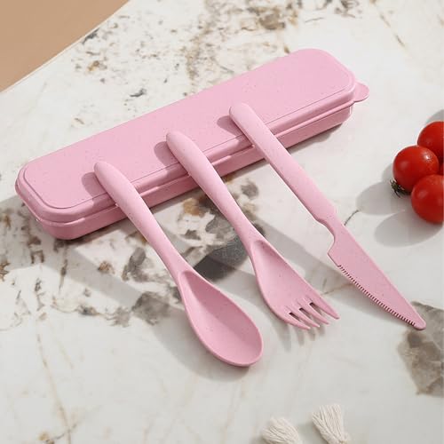 Wheat Straw Utensils Set with Case, Reusable Travel Cutlery Knife Fork Spoon, BPA-Free Portable Flatware for Camping, Hiking & Picnic (Pink) - color: Pink