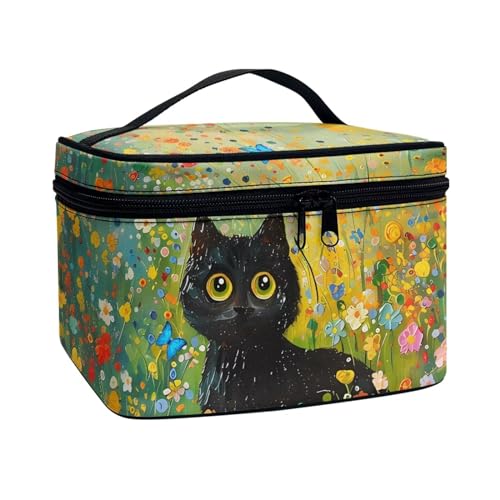 Portable Cosmetic Bag Flower Black Cat Printed Travel Makeup Organizer Portable Waterproof Travel Toiletry Bag for Women Fits for Camping Home Use - color: Flower Black Cat