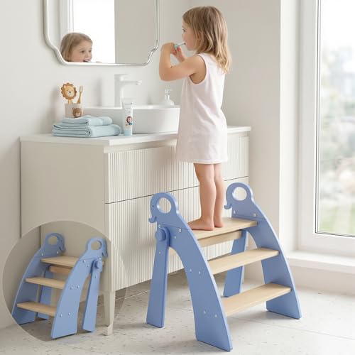 Wooden 3 Step Stool for Kids Bathroom Sink Foldable Anti-Slip, Child Stepping Stool for Bedroom - color: Blue Ele