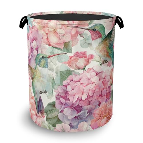 Hummingbird Laundry Hamper,Pink Flower Floral Dirty Clothes Laundry Basket with Handles Waterproof Oxford Cloth Storage Basket for College Dorms Bathroom Bedroom 16" x 20.8" - color: Hummingbird Pink Flower Floral