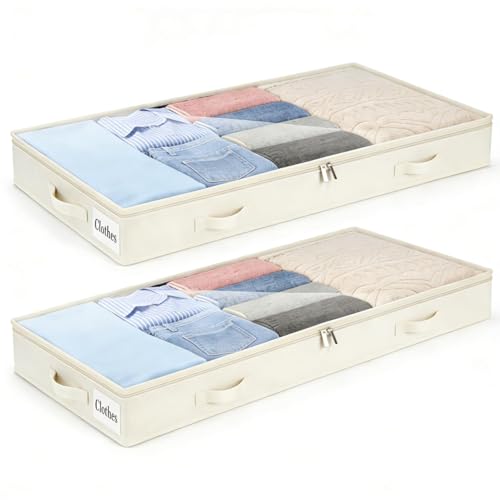 4 Inch Low Profile Under Bed Storage Drawer 2 Pack, Lightweight Underbed Clothes Storage Container Bins With NO STURCTURE, Shallow Storage Bag for Dorm & Home, With Clear Lids & Water-Resistant Fabric - color: Soft-White-2 Pack, size: 4 Inch