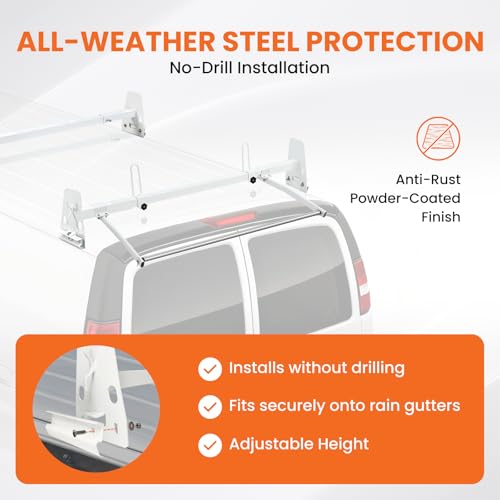 Van Roof Ladder Rack Fit for 1996-2025 Chevy Express 1500/2500/3500 Vans, with Rear Roller, 850 lbs Heavy Duty, 3 Adjustable Crossbars (48"-67"), Rain Gutter Mounts, No Drill