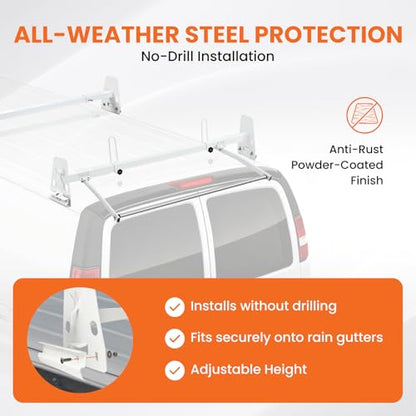 Van Roof Ladder Rack Fit for 1996-2025 Chevy Express 1500/2500/3500 Vans, with Rear Roller, 850 lbs Heavy Duty, 3 Adjustable Crossbars (48"-67"), Rain Gutter Mounts, No Drill