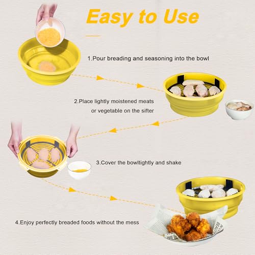 FJNATINH Collapsible Batter Bowl - Mess Free Better Breader Shaker Bowl with Lid Breading Shaker Container - Great for Fried Fish, Fried Chicken, Onion Rings, Wings,No Leak,Easy to Store,Yellow - color: Yellow