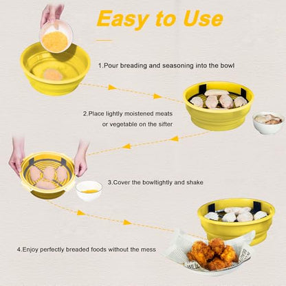 FJNATINH Collapsible Batter Bowl - Mess Free Better Breader Shaker Bowl with Lid Breading Shaker Container - Great for Fried Fish, Fried Chicken, Onion Rings, Wings,No Leak,Easy to Store,Yellow - color: Yellow