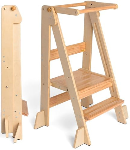 OCODILE Adjustable Foldable Toddler Tower – Folding Tower for Kids | Montessori Toddler Kitchen Step Stool Helper for Independence - Varnished - color: 3 - Varnished