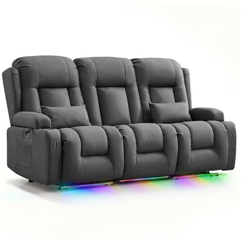TUNYI Power Loveseat Recliner Sofa with Massage & Heat Home Theater Seating with Console RV Recliner Loveseat Sofa with USB/Storage/Side Pocket/LED Light/Speaker (Dark Grey, 3 Seat) - color: Dark Grey, size: 3 Seat