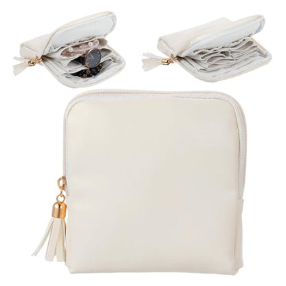 Nogeqi Small Travel Jewelry Case Organizer, Mini Travel Jewelry Pouch Bag for Women, Portable Jewelrys Storage Bag with Zipper for Necklaces Bracelets Earrings Rings Gemstones Storage (Cream White)