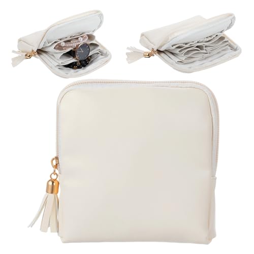 Nogeqi Small Travel Jewelry Case Organizer, Mini Travel Jewelry Pouch Bag for Women, Portable Jewelrys Storage Bag with Zipper for Necklaces Bracelets Earrings Rings Gemstones Storage (Cream White)