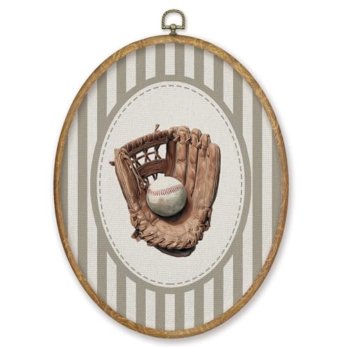 CGBHW Vintage Baseball Nursery Oval Wall Art Decor Products, Sports Canvas Prints Framed, Neutral Striped Baseball Glover Wall Art Hanging Decor for Home Kids Boy Nursery Room Bedroom Playroom, 8.6x11.4 Inch - color: Colour15