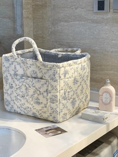 Storage Basket Boho Fabric Large Collapsible Floral Laundry Nursery Hamper Portable Folding Storage for Clothes Toys (Vine-Blue A) - color: Vine-Blue A