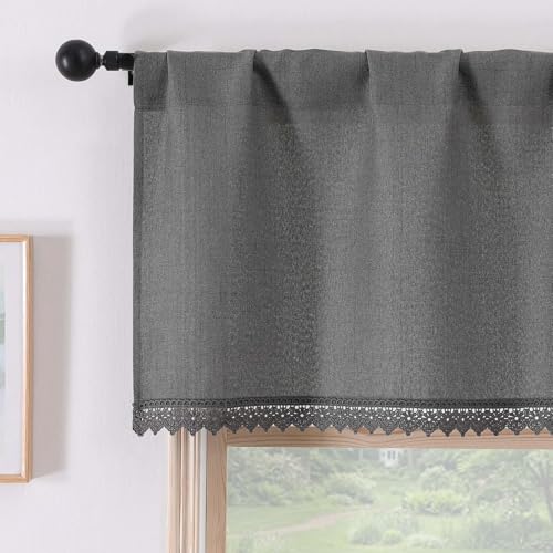 Chyhomenyc Lace Valances for Windows - Light Filtering Faux Linen Small Cafe Kitchen Valance Curtains, Boho Vintage Rod Pocket Farmhouse Valance for Living Room, 52Wx14L, 1 Piece, Dark Grey - color: Dark Grey, size: 52"W x 14"L (Pack of 1)