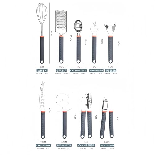 9-in-1 Kitchen Gadgets Set: Whisk, Grater, Ice Cream Spoon, Bottle Opener, Peeler, Cheese Knife, Pizza Cutter, Garlic Press & Can Opener - Space Saving Utensil Organizer for Small Kitchen