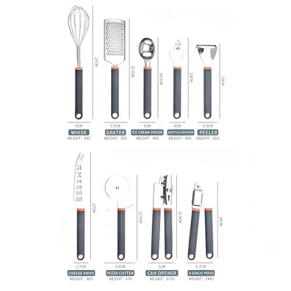9-in-1 Kitchen Gadgets Set: Whisk, Grater, Ice Cream Spoon, Bottle Opener, Peeler, Cheese Knife, Pizza Cutter, Garlic Press & Can Opener - Space Saving Utensil Organizer for Small Kitchen
