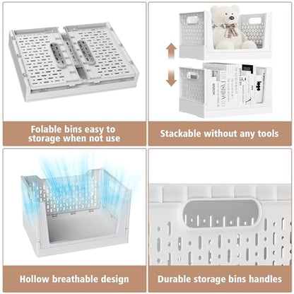 Stackable Storage Bins, Folding Collapsible Closet Organizers and Storage Bins Box, Plastic Shelves Drawer Organizer Container for Closet Office Bedroom Kitchen Bathroom with Wheels, White, 3 Pack