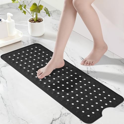 Silicone Bath Tub Mat Non Slip, 36"x16" Shower Foot Scrubber Mat with Drain Holes and Suction Cups, Upgraded Bathtub and Shower Mats, Machine Washable Bathtub Floor Liner Mats for Bathroom (Black) - color: Black