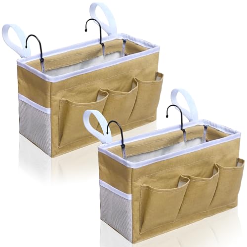 Kanrichu Bedside Caddy Hanging Storage Bag, Organizer Baskets with Pockets for Bunk Bed Accessories, Loft & Dorm Rooms Chair Bed Rails (Khaki-2pcs) - color: Khaki-2pcs
