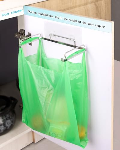 YQh Garbage Bag Holder Stainless Steel for Kitchen Cabinet Doors and Walls, Under Sink Plastic Bag Hooks, Kitchen Trash Can, Grocery Bag Holder, Front Opening Design, Easy to Pick and Place - style: Open-Style Adhesive Hook