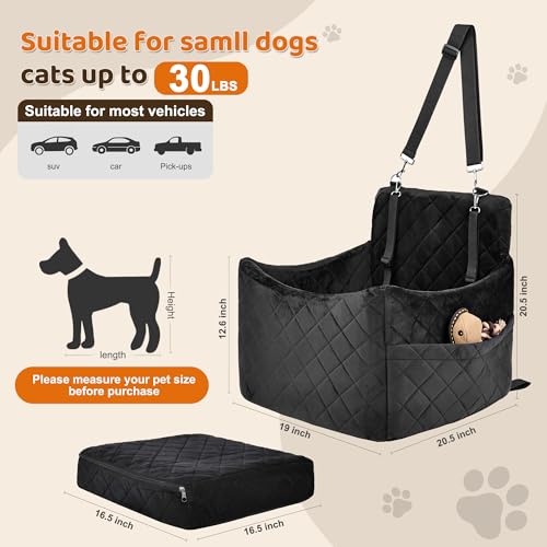 Dog Car Seat for S/M Dogs, Memory Foam Dog Booster Car Seat Up to 35lbs, Detachable Washable Pet Travel Bed with Side Pockets and 2 Safety Belts, Easy to Install (Black)