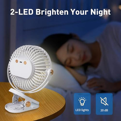 Portable Clip on Fan 5 Speeds 360° Dual Rotation Brushless Motor Ultra Quiet <20dB LED Light USB Rechargeable