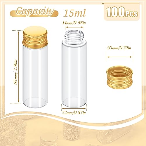 Didaey 100 Pcs Small Clear Vials Spice Mini Jars with Lids Mini Glass Bottles with Screw Aluminum Metal Caps Tiny Jars Sample Containers for Powder Cream Cosmetic Jewelry Wedding (15 ml,Gold Caps) - color: Gold Caps, size: 15 ml